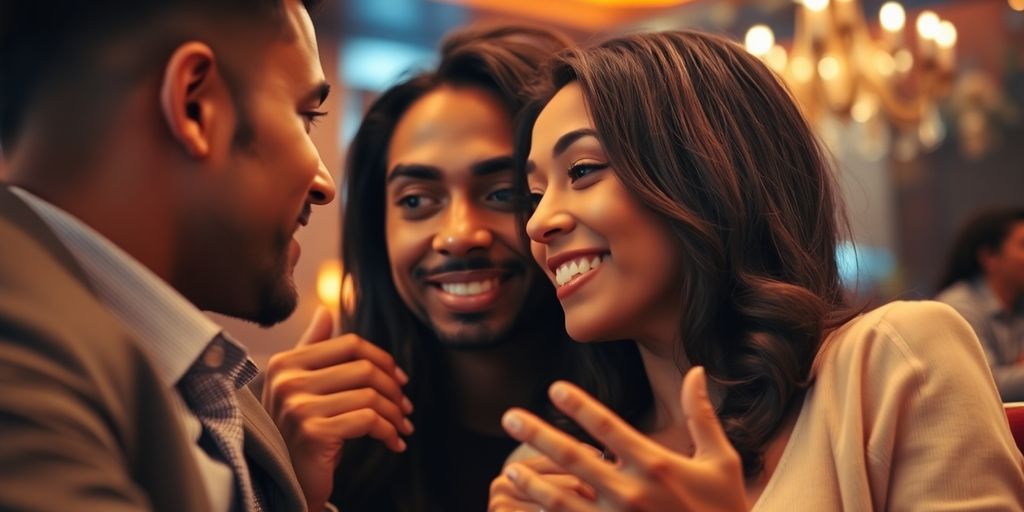 Couple talking intimately in a dimly lit, upscale lounge.