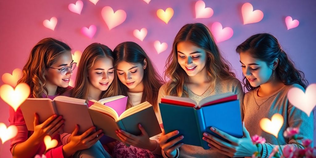 Teens reading romance novels with hearts and flowers.