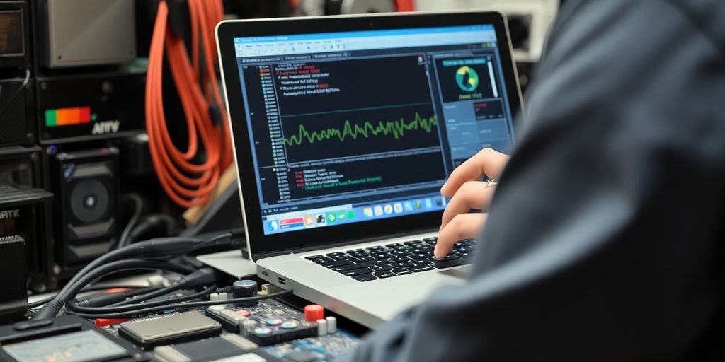 Technician using diagnostic software on a laptop.