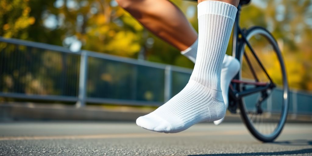 Person in compression white socks during athletic activity outdoors.