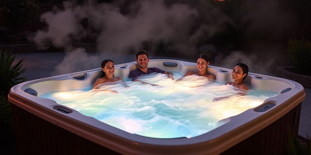 8 people relaxing in a large hot tub at night.