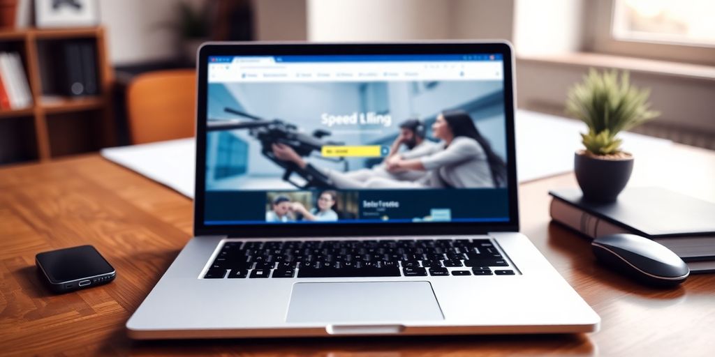 Modern laptop with fast-loading website on desk.