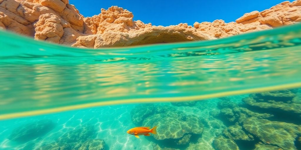 Clear blue water, rocky arch, snorkeling, colorful fish.