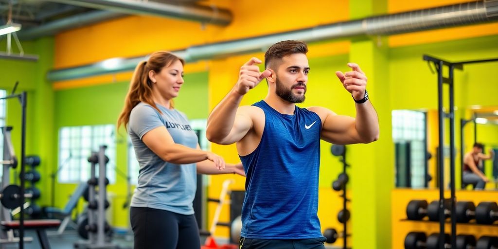 Personal trainer assisting client in a gym workout session.