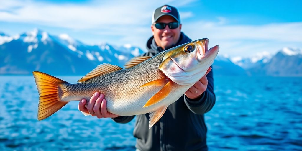 Angler holding large fish with Homer, Alaska landscape.