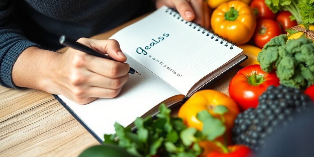 Person writing weight loss goals with healthy foods nearby.