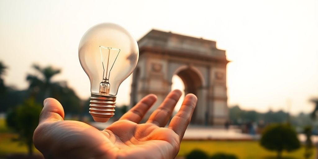 Light bulb on hand, India Gate background.