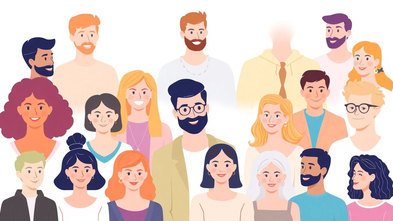 Illustrasjon av ulike personas med myke farger.