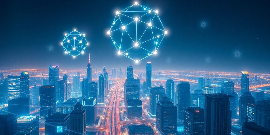 Futuristic cityscape with glowing digital networks and nodes.