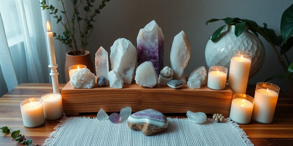Spazio sacro con cristalli e candele disposti armoniosamente.