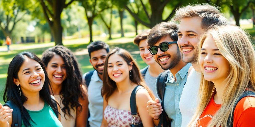 A diverse group of people connecting in a park.