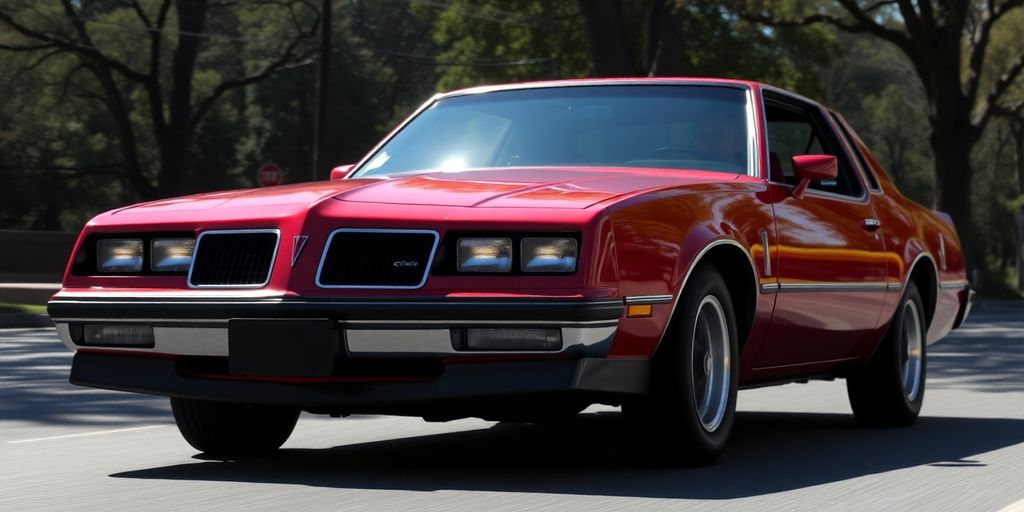 Classic 1980s Pontiac Grand Am driving down a scenic road.