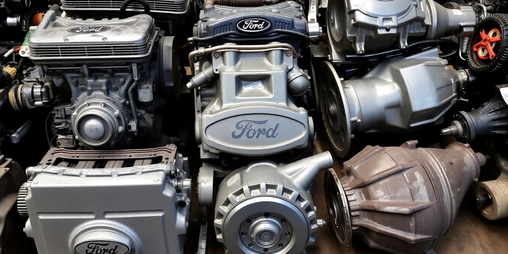 Recycled Ford car parts stacked neatly.