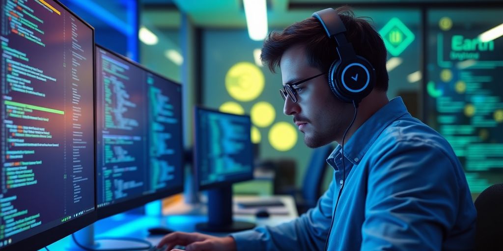 Blockchain developer coding for crypto banking software.