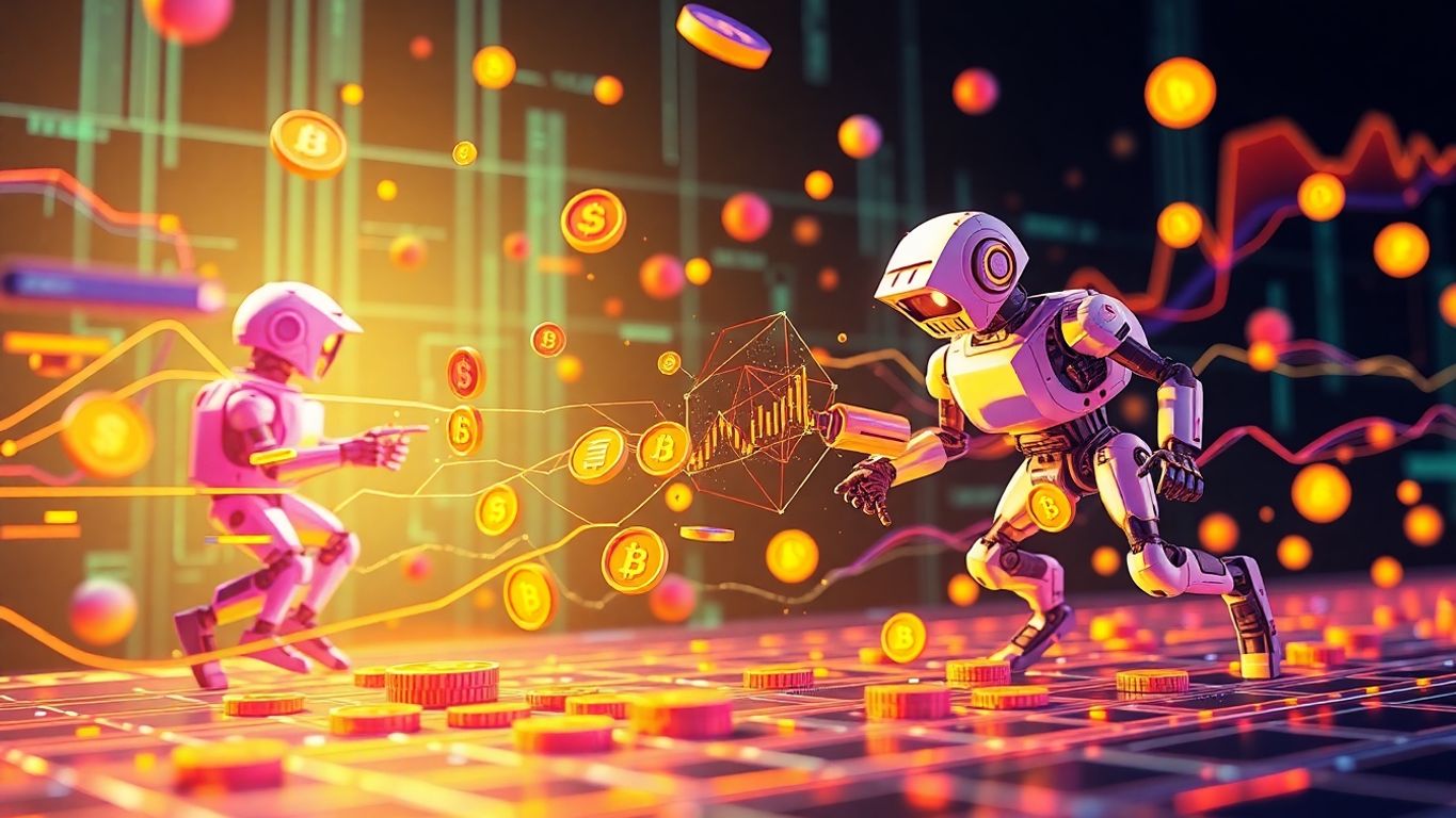 3D bots scalping Solana, digital coins flowing.