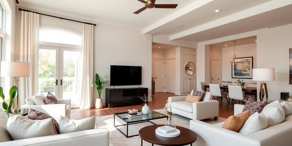 Modern living room with elegant decor and natural light.