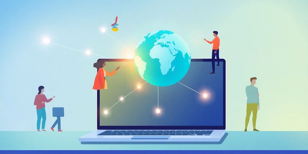 Laptop, globe, diverse people, remote work.