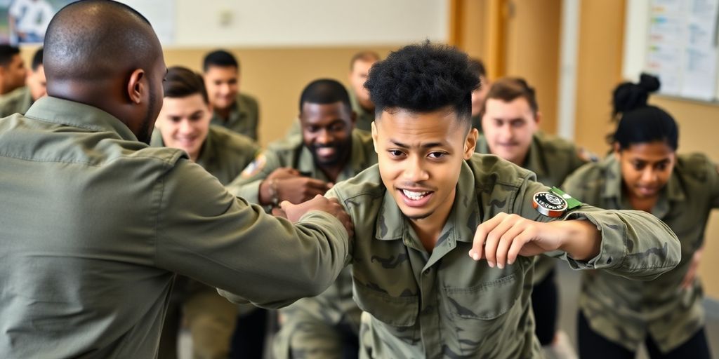 Recruits actively training together in a supportive setting.