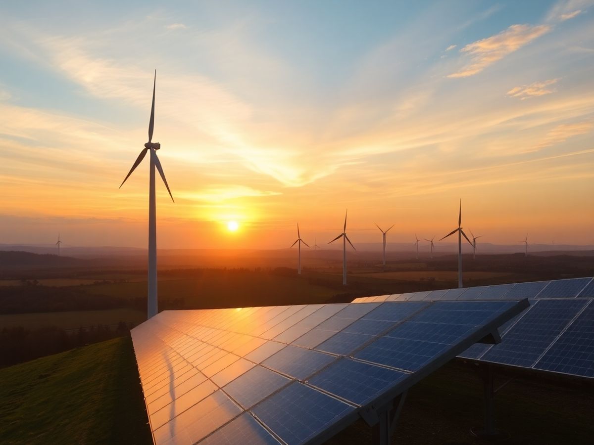 Turbine eoliene pe fundalul unui apus de soare vibrant.