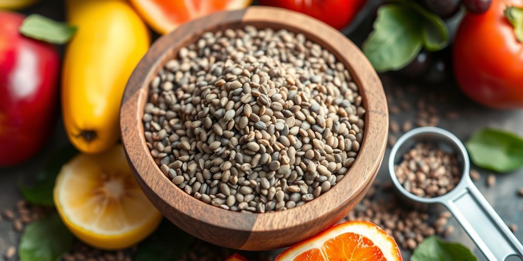 Bulk chia seeds in a wooden bowl with fruits.