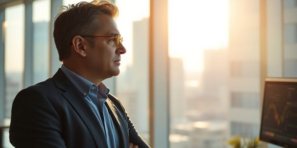 A professional CIO looks out a modern office window.