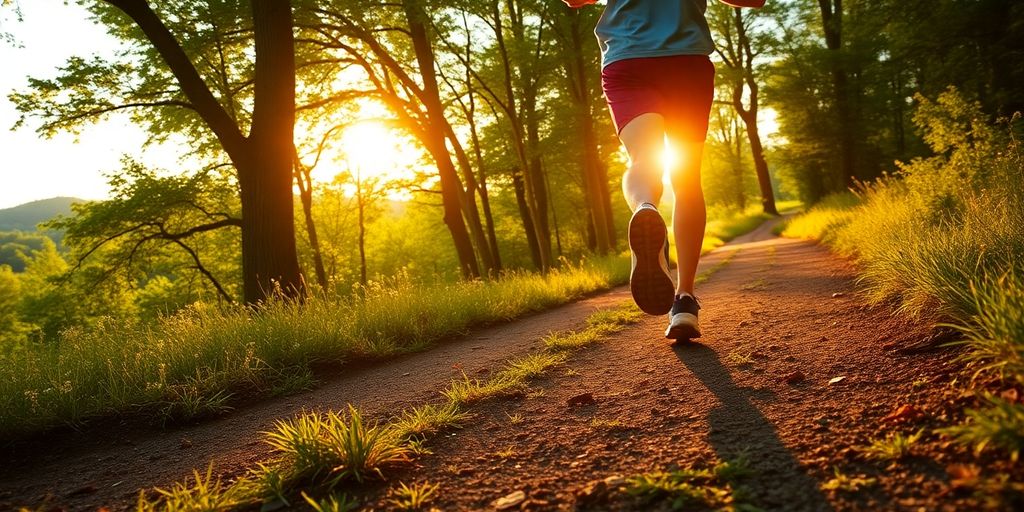 Runner increasing pace on a scenic trail during training.