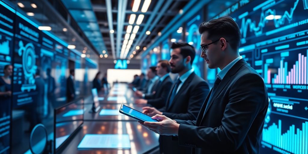 Ambiente de negócios futurista com inteligência artificial e automação.