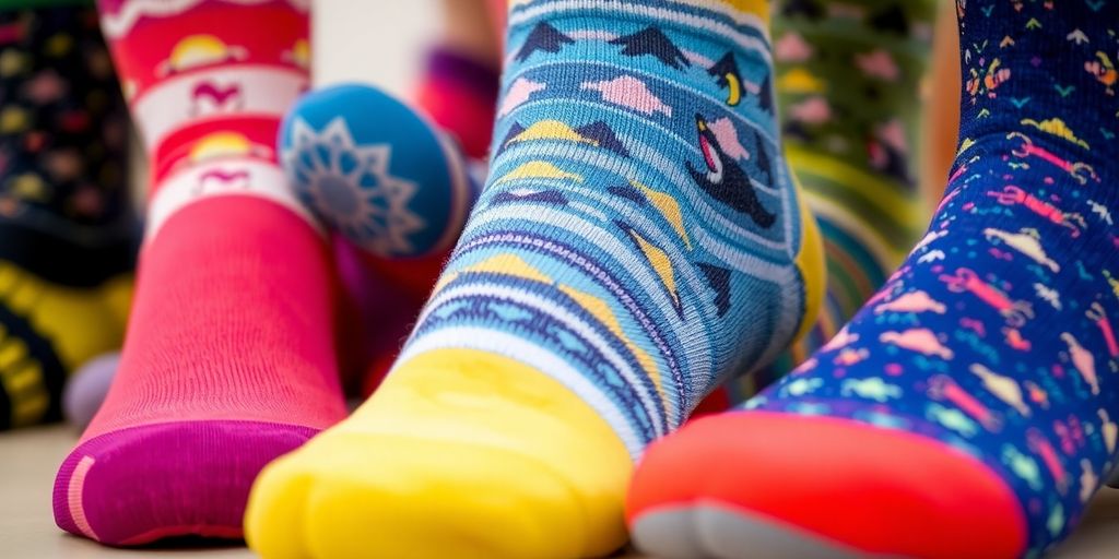 Colorful non-slip socks with textured rubber grips.