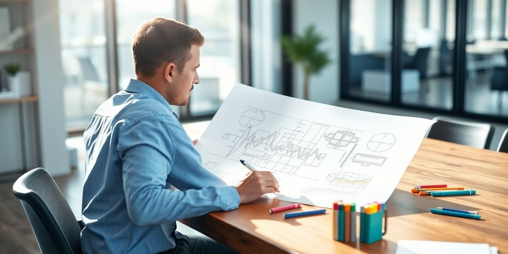 Person drawing business plan.