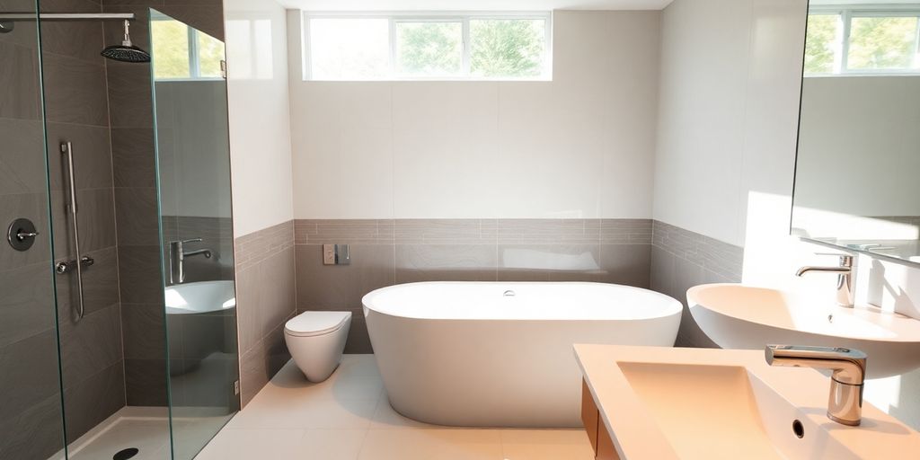 Modern renovated bathroom with elegant fixtures and tiles.