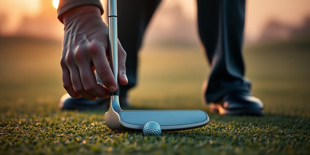 Golfer's hands gripping putter over green with glistening morning dew