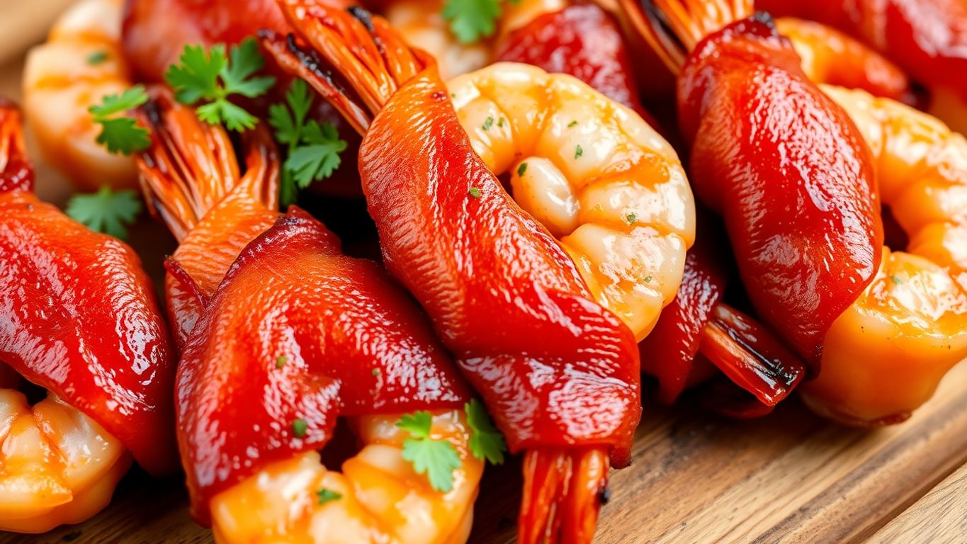 Camarão enrolado em bacon defumado em um prato.