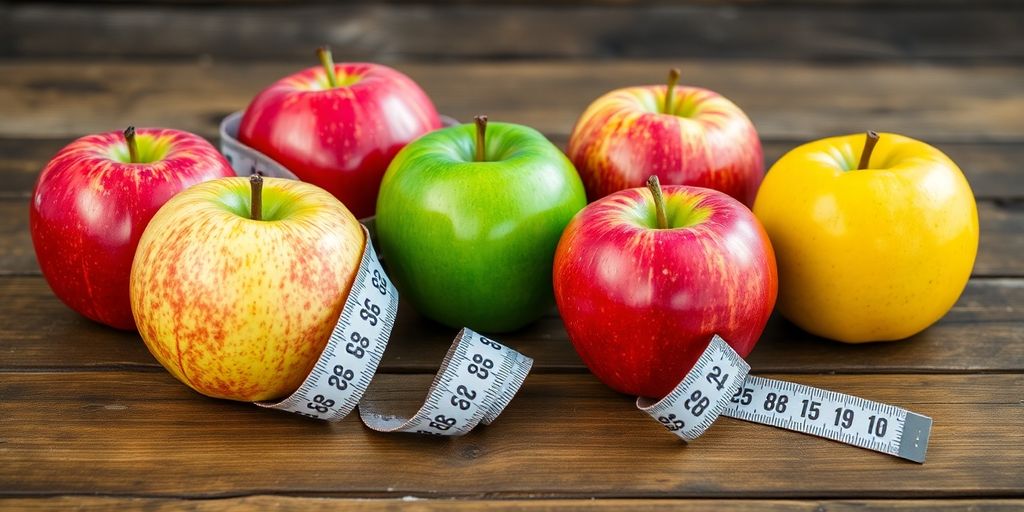 Table with various apples and a measuring tape.