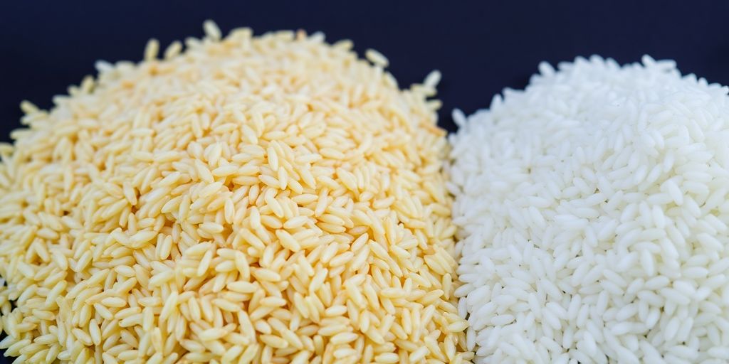 Brown rice and white rice kernels.