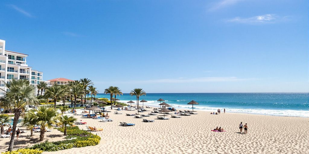 Beachfront resort with palm trees and sun loungers in Cabo.