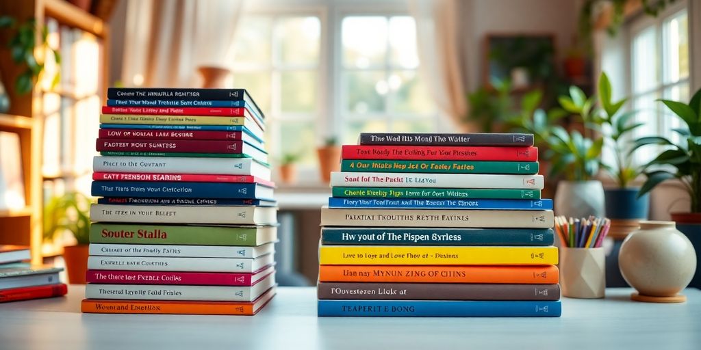 Colorful books on a desk in a cozy study space.