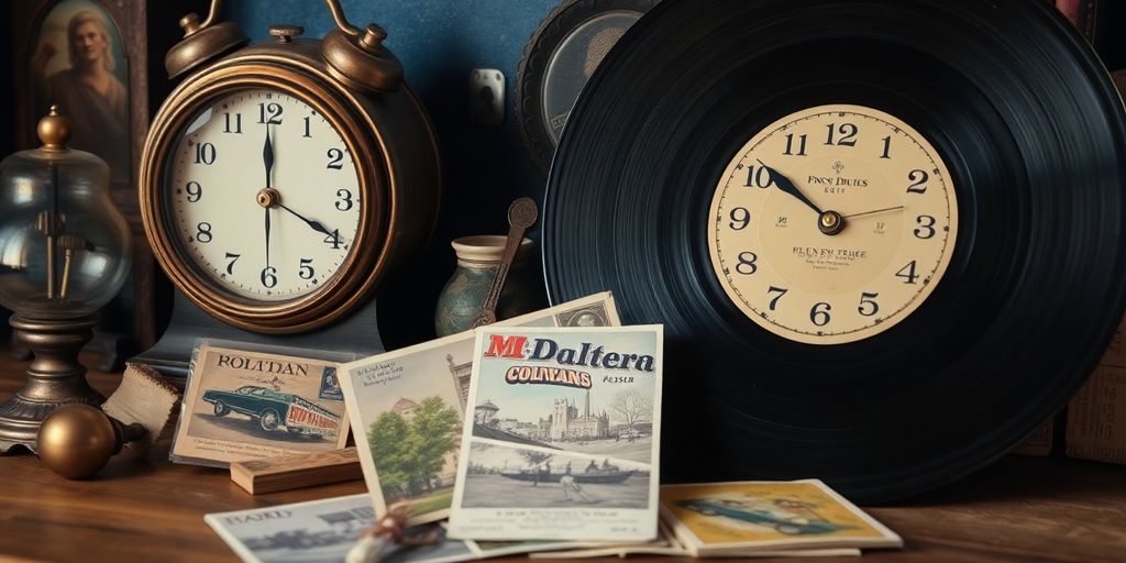 Vintage items like a clock and vinyl records.