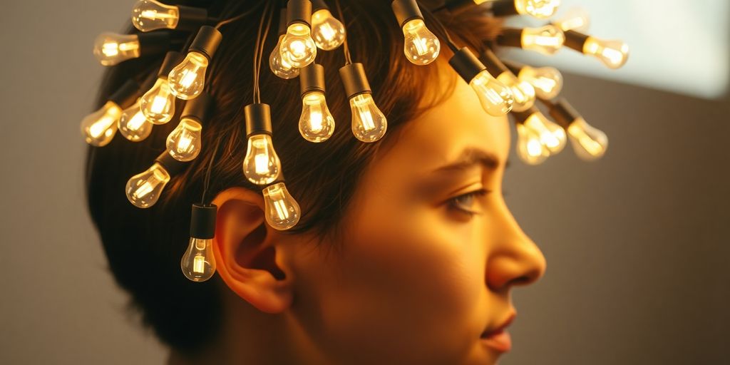 A person's head with glowing lightbulbs.
