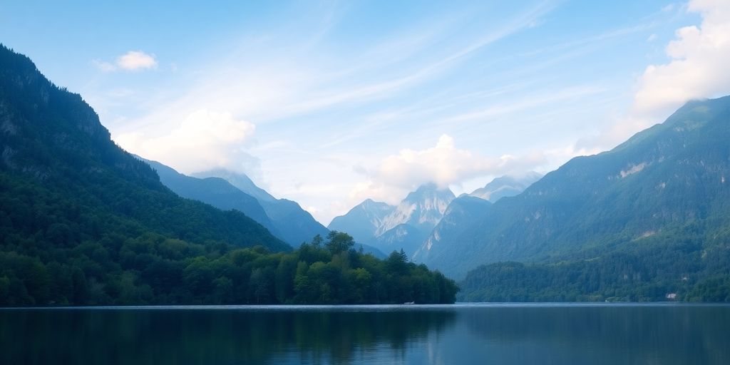 Rustige natuur met een meer en groene bergen.