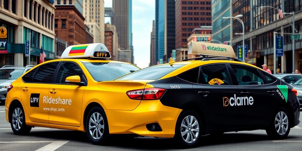 Yellow cab and rideshare car in DFW street.