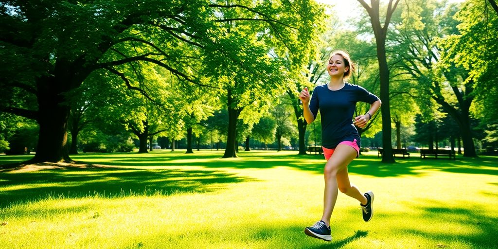 Person jogging in a green park, looking relaxed and happy.