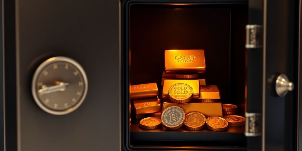Coffre-fort ouvert avec lingots d'or à l'intérieur.