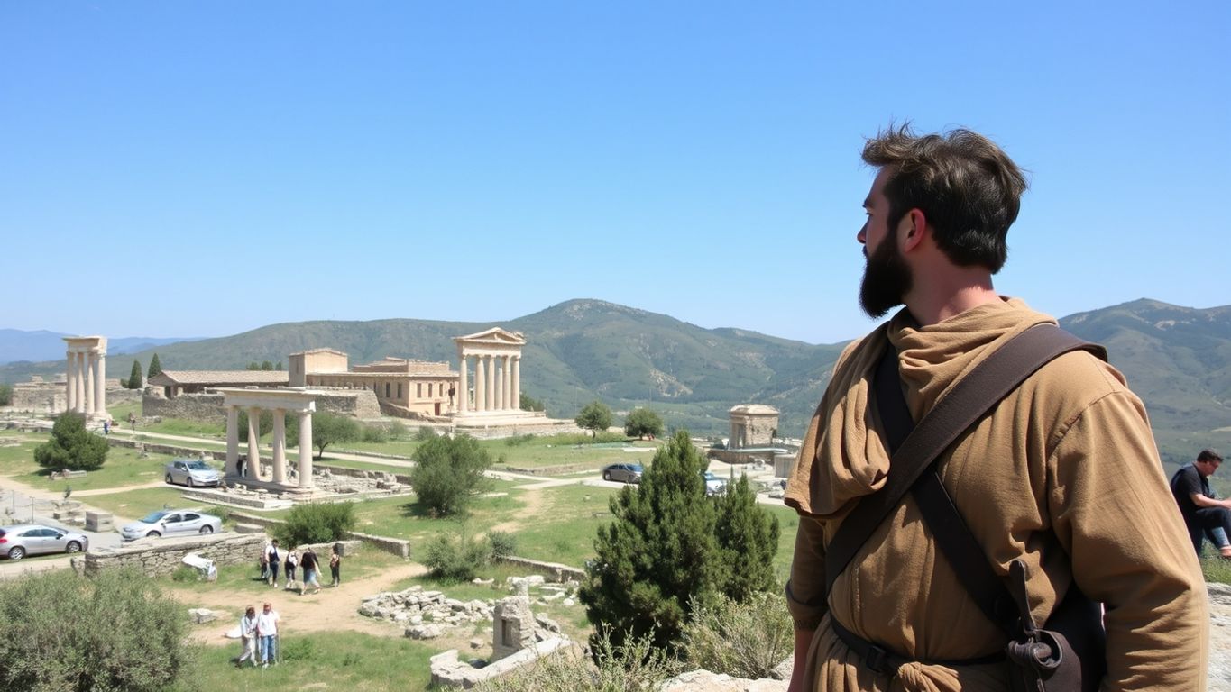 Traveler in biblical attire near ancient Macedonian ruins.