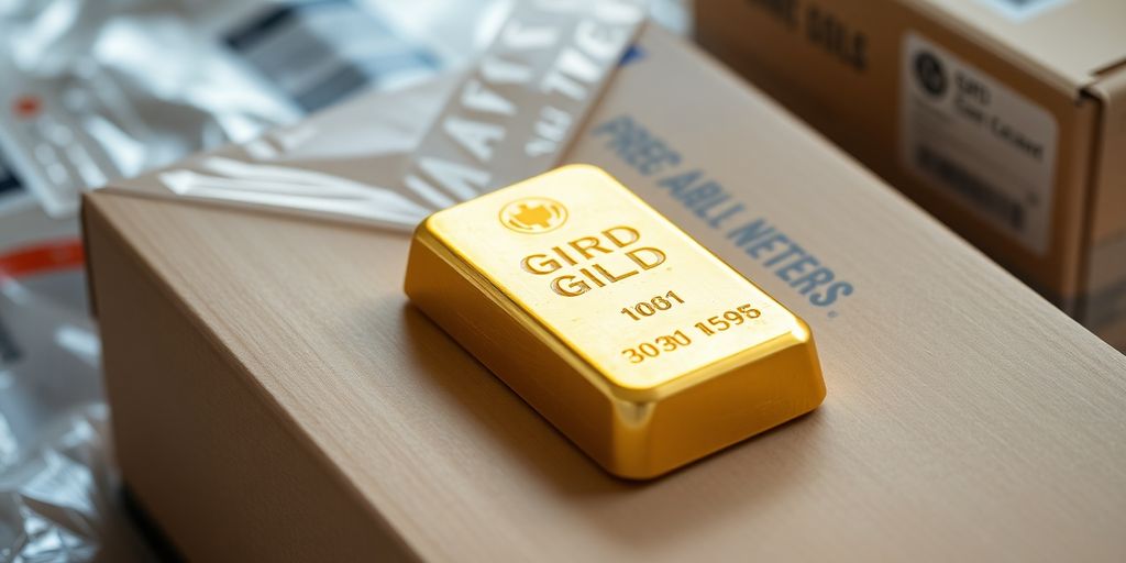 Lingot d'or sur une boîte d'expédition.