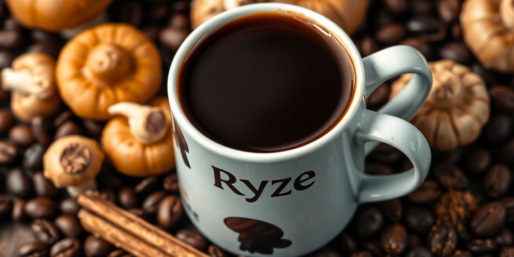 A cup of mushroom coffee with mushrooms and beans.