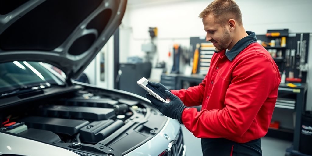 Mechanic holding tablet beside open car hood in clean garage.