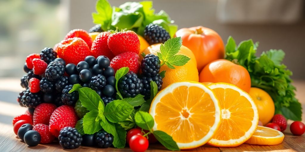 Vibrant fresh fruits and vegetables on a sunlit table.