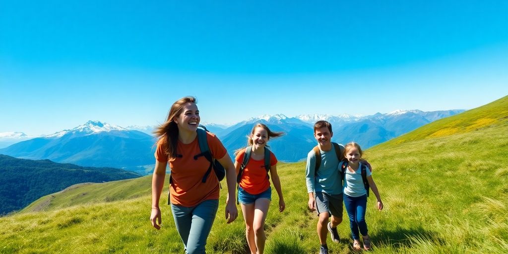 Family hiking through scenic New Zealand mountains.