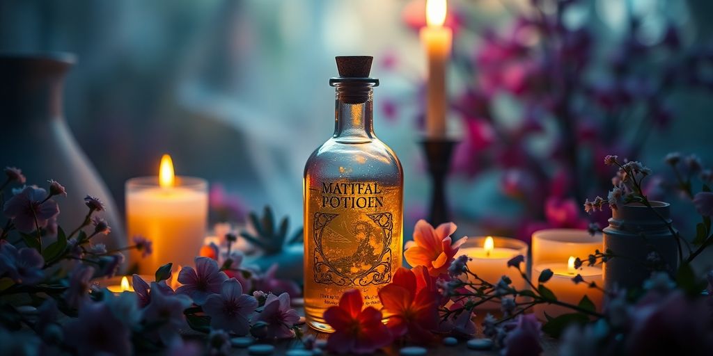 Imagem de frasco mágico com flores e velas.