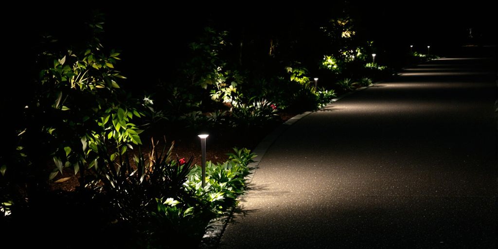 Driveway illuminated by motion sensor lights at night.